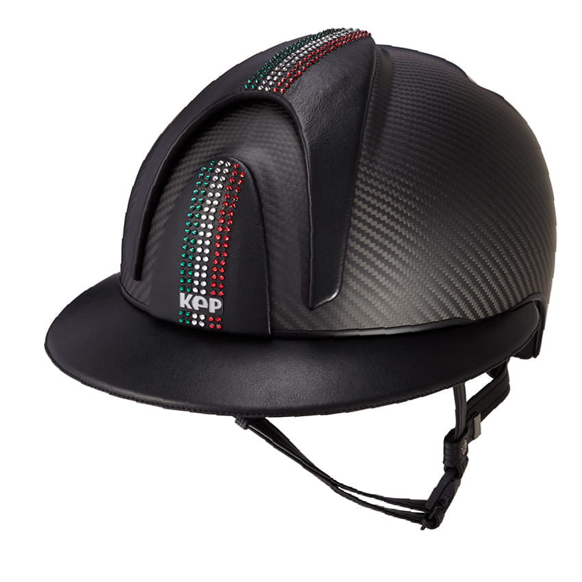 Schale Schwarz Crown IN Carbon mit Leder Schwarz Polo Visier, Vorderteil und Oberteil Leder Schwarz mit Glitzersteinen italienische Flagge, Hinterteil Einsatz Matt Schwarz - (3 COP)