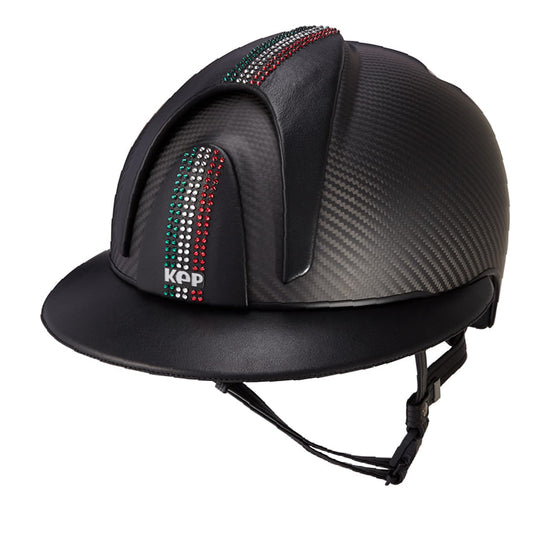 Schale Schwarz Crown IN Carbon mit Leder Schwarz Polo Visier, Vorderteil und Oberteil Leder Schwarz mit Glitzersteinen italienische Flagge, Hinterteil Einsatz Matt Schwarz - (3 COP)
