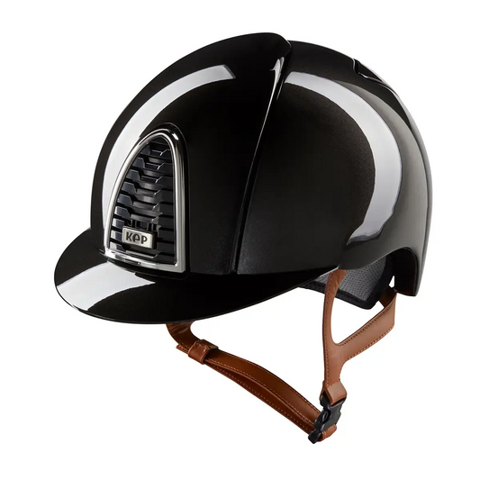 KEP Cromo 2.0 Shine Schwarz - CHROME Rahmen - Raw Schwarz Gitter, Untergitter und KEP Logo - Shine Schwarz Visier - Ecoleder Beige Beriemung