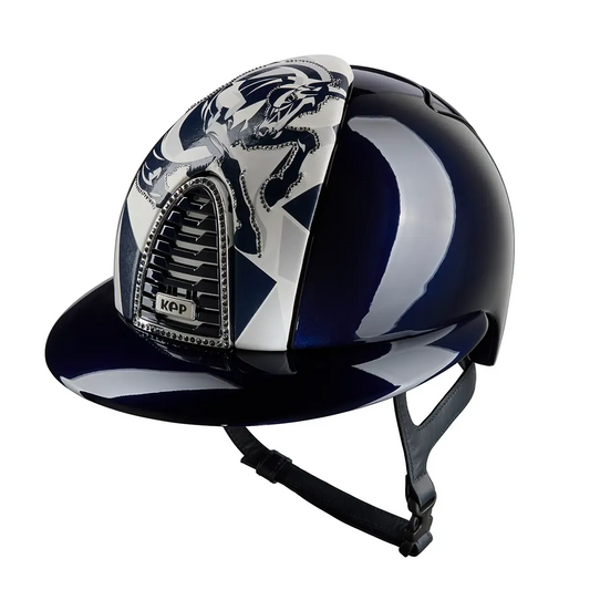 KEP Cromo 2.0 Glänzend Metal Blau - CHROME Rahmen mit Silber night Glitzersteinen - CHROME Untergitter und KEP Logo - Glänzend Blau Gitter - Vorderteil Einsatz "FURIUS" Blau - Polo Visier - KEP LOGO Blau