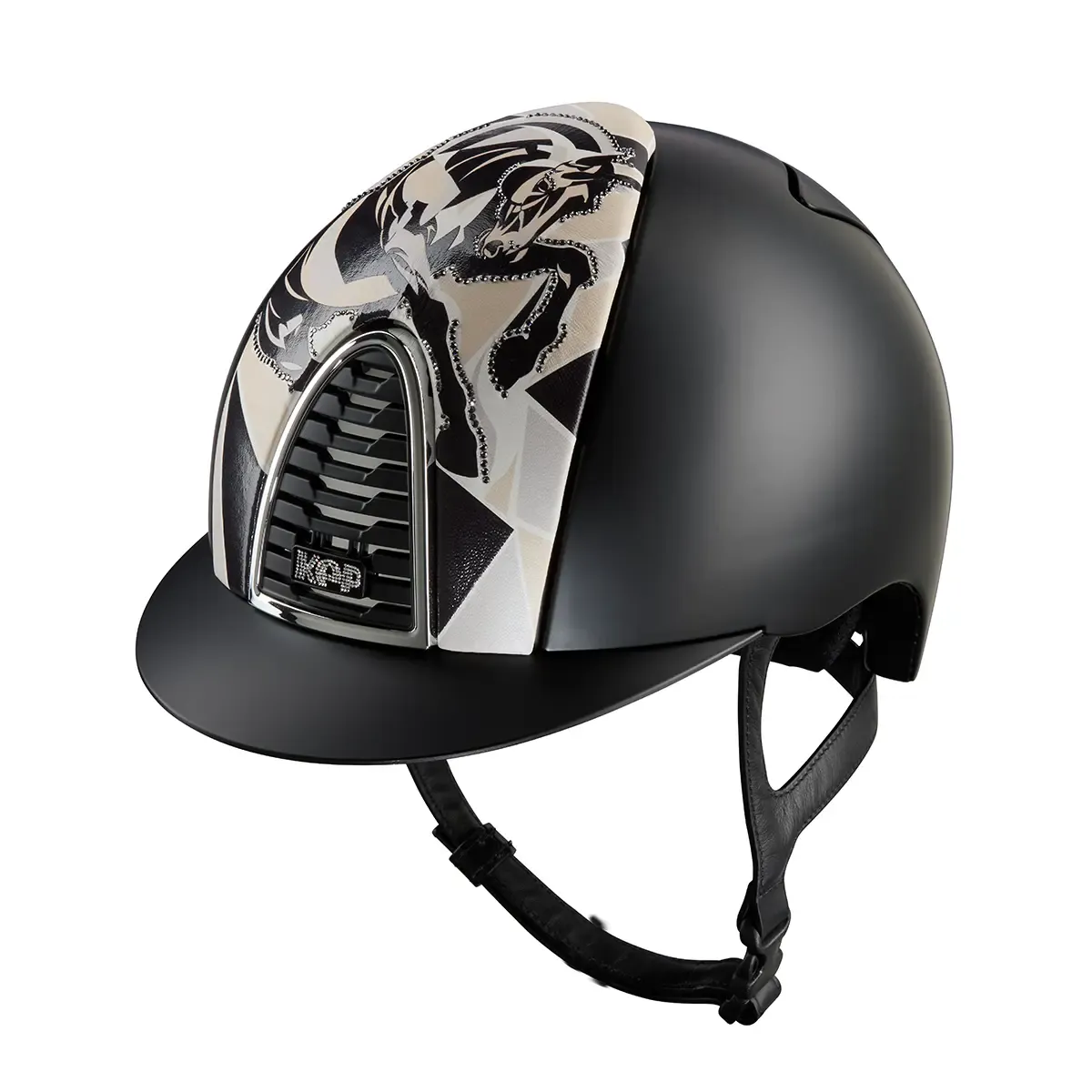 KEP Cromo 2.0 Textile Metal Schwarz - CHROME Rahmen und Untergitter - Textile Schwarz Gitter und KEP Logo - Vorderteil Einsatz "FURIUS" Braun - standard Visier - KEP LOGO SUEDE mit Glitzersteinen