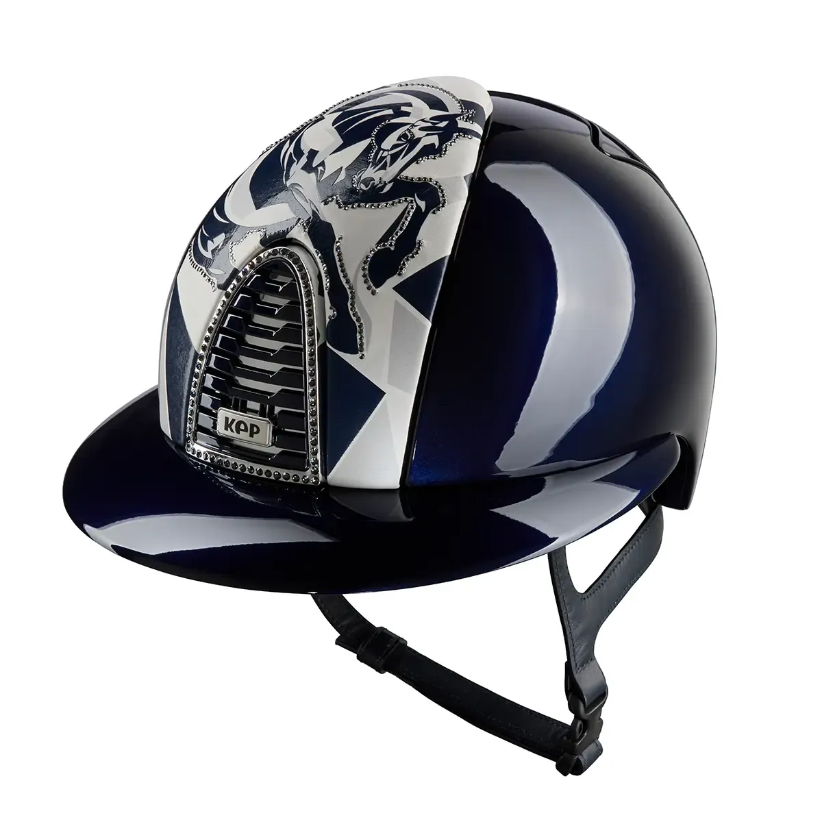 KEP Cromo 2.0 Glänzend Metal Blau - CHROME Rahmen mit Silber night Glitzersteinen - CHROME Untergitter und KEP Logo - Glänzend Blau Gitter - Vorderteil Einsatz "FURIUS" Blau - Polo Visier - KEP LOGO Blau