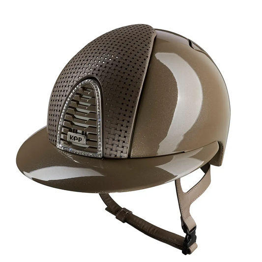 KEP Cromo 2.0 Diamond TAUPE - CHROME Rahmen mit weiß Glitzersteinen - CHROME Untergitter und KEP Logo - Diamond TAUPE Gitter - Vorderteil Einsatz "Verona" TAUPE/CHROME - Polo Visier - TAUPE Beriemung