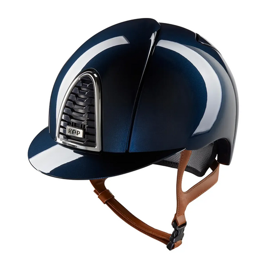 KEP Cromo 2.0 Shine Blau - CHROME Rahmen - Raw Blau Gitter, Untergitter und KEP Logo - Shine Blau Visier - Ecoleder Beige Beriemung