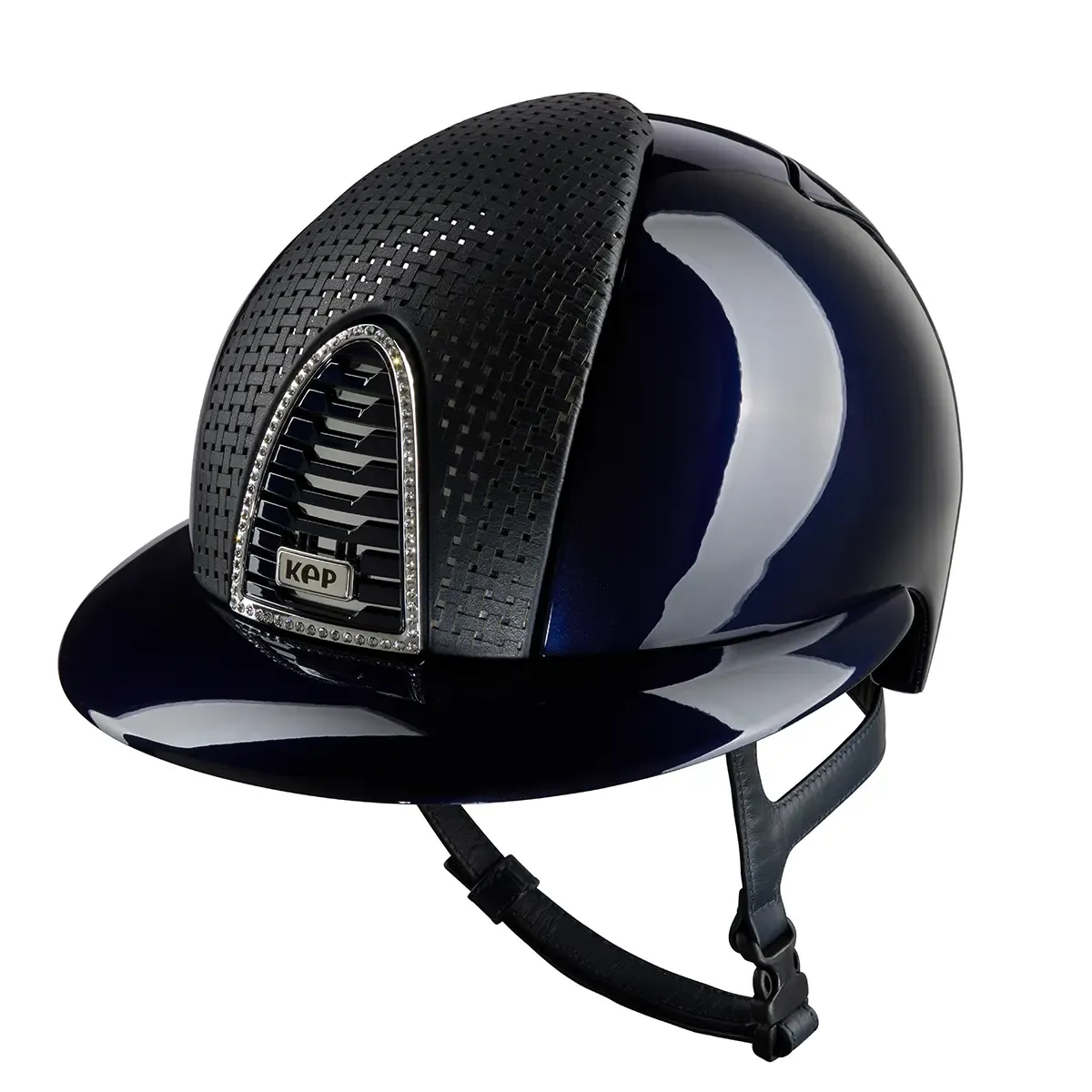 KEP Cromo 2.0 Glänzend Metal Blau - CHROME Rahmen mit weiß Glitzersteinen - CHROME Untergitter und KEP Logo - Glänzend Blau Gitter - Vorderteil Einsatz "Verona" Blau/CHROME - Polo Visier