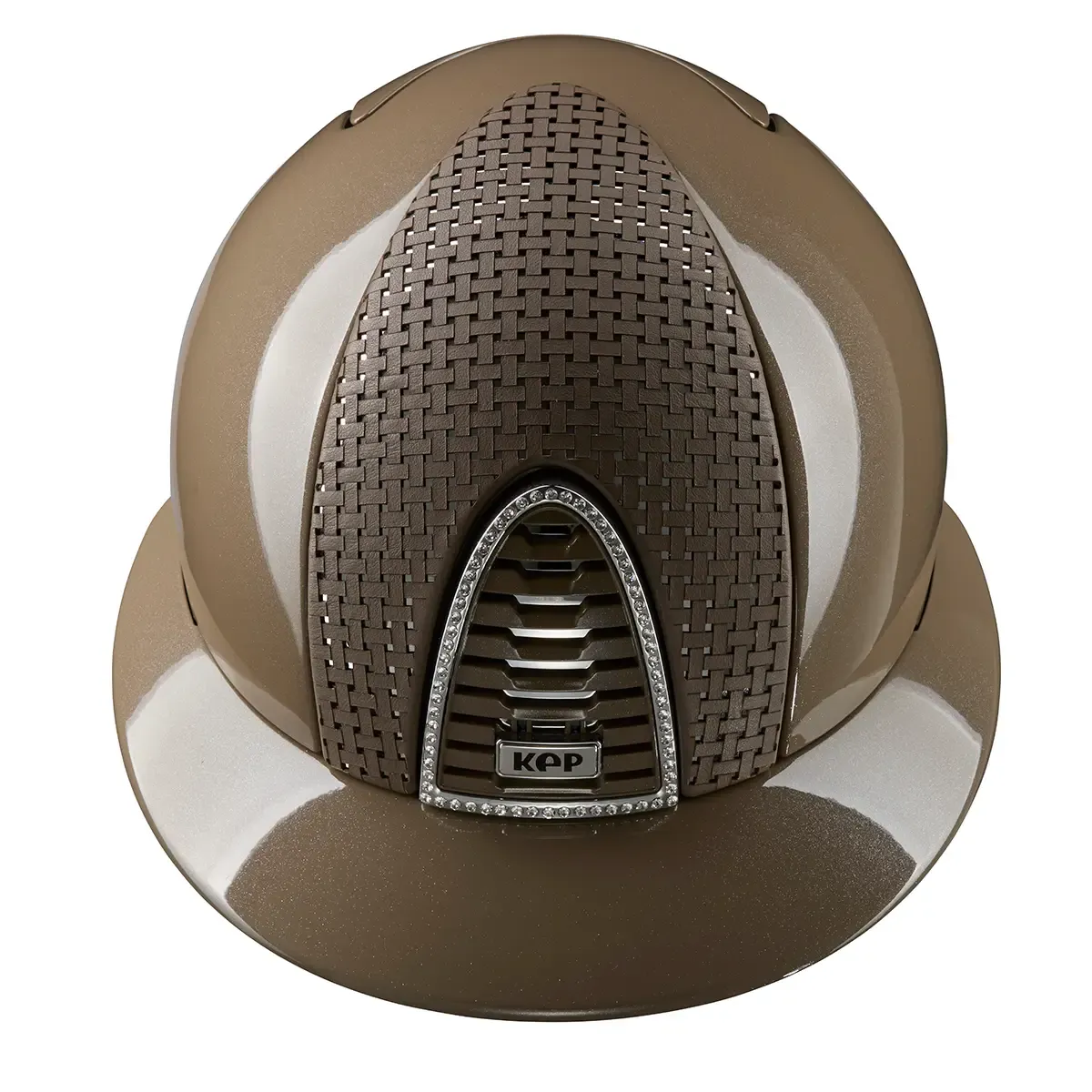 KEP Cromo 2.0 Diamond TAUPE - CHROME Rahmen mit weiß Glitzersteinen - CHROME Untergitter und KEP Logo - Diamond TAUPE Gitter - Vorderteil Einsatz "Verona" TAUPE/CHROME - Polo Visier - TAUPE Beriemung