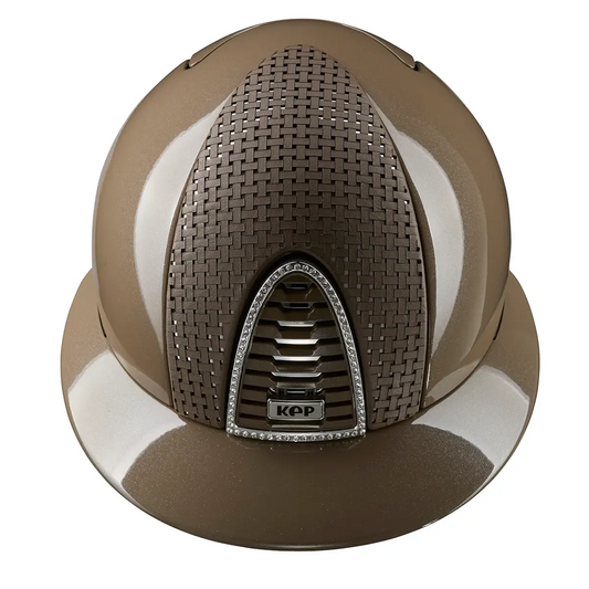 KEP Cromo 2.0 Diamond TAUPE - CHROME Rahmen mit weiß Glitzersteinen - CHROME Untergitter und KEP Logo - Diamond TAUPE Gitter - Vorderteil Einsatz "Verona" TAUPE/CHROME - Polo Visier - TAUPE Beriemung