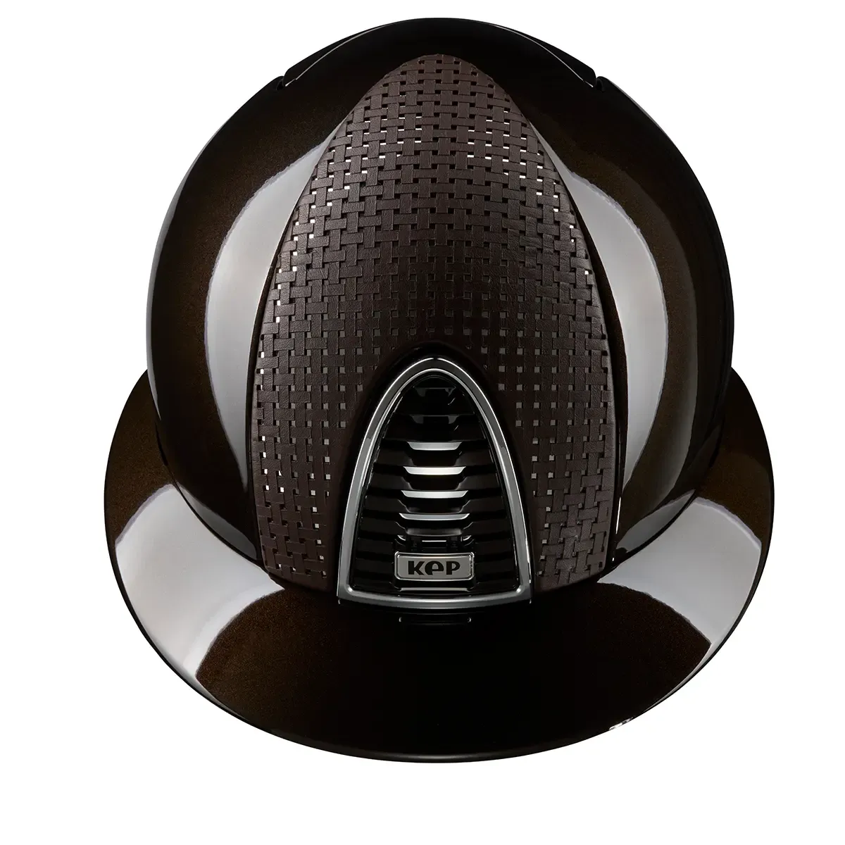 KEP Cromo 2.0 Glänzend Metal Braun - CHROME Rahmen, Untergitter und KEP Logo - Glänzend Braun Gitter - Vorderteil Einsatz "Verona" Braun/CHROME - Polo Visier - Beriemung Braun