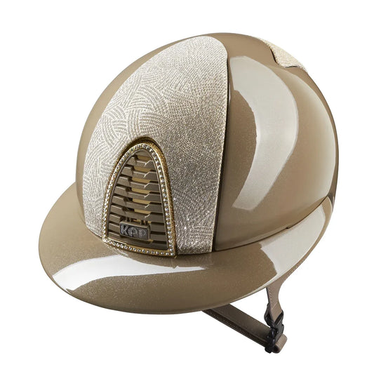 KEP Cromo 2.0 Diamond TAUPE - GOLD Rahmen mit Glitzersteinen weiß - Diamond TAUPE Gitter und KEP Logo - GOLD Untergitter - KEP LOGO GOLD mit Zircons weiß - Polo Visier - TAUPE Beriemung - Einsatz GALASSIA GOLD