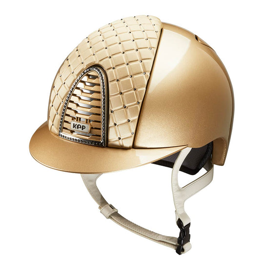 KEP Cromo Metal Gold sand - CHROME Rahmen mit Silber night Glitzersteinen - Metal sand Gitter und KEP Logo - CHROME Untergitter - Milano Beige Vorderteil Einsatz mit Silber night Glitzersteinen - CREAM Beriemung