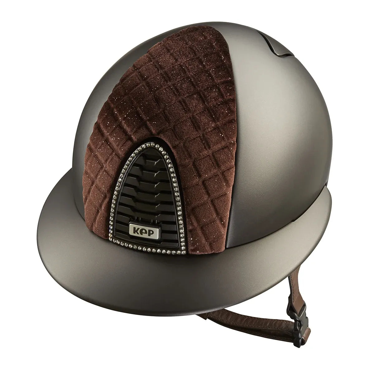 KEP Cromo 2.0 Textile Braun - Glänzend Braun mit Glitzersteinen weiß Rahmen - Textile Braun Gitter, Untergitter und KEP Logo - Braun Beriemung - Vorderteil Einsatz Milano Velvet SHINING Braun - Polo Visier