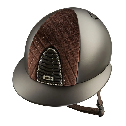 KEP Cromo 2.0 Textile Braun - Glänzend Braun mit Glitzersteinen weiß Rahmen - Textile Braun Gitter, Untergitter und KEP Logo - Braun Beriemung - Vorderteil Einsatz Milano Velvet SHINING Braun - Polo Visier