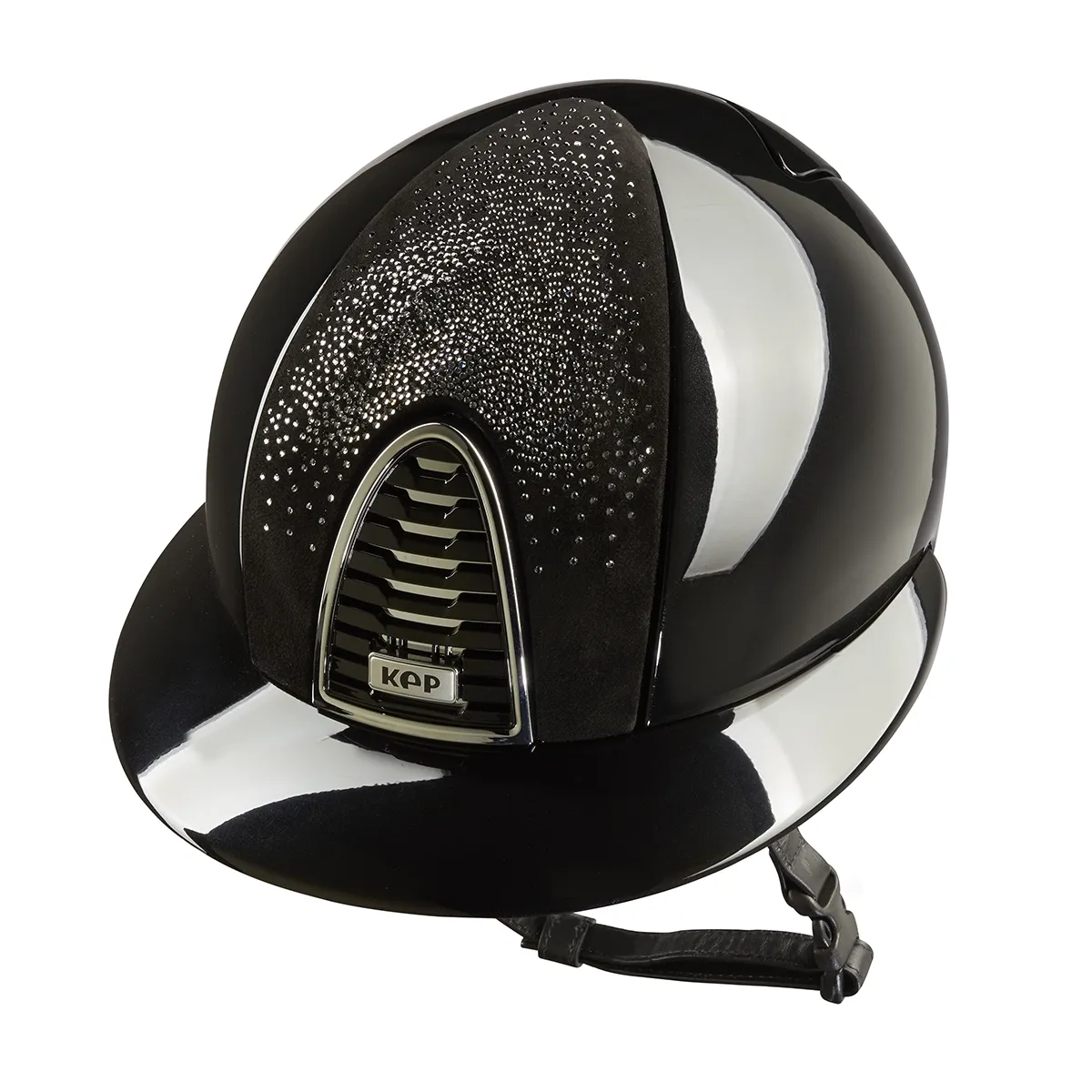KEP Cromo 2.0 Glänzend Schwarz - CHROME Rahmen, Untergitter und KEP Logo - Glänzend Schwarz Gitter - Vorderteil Einsatz NEBULA Schwarz und Silber - Polo Visier