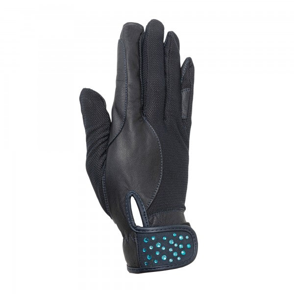 TOKIO Reithandschuhe aus Ziegenleder mit Mesh-Material und Kunststoffsteinen auf dem Verschluss