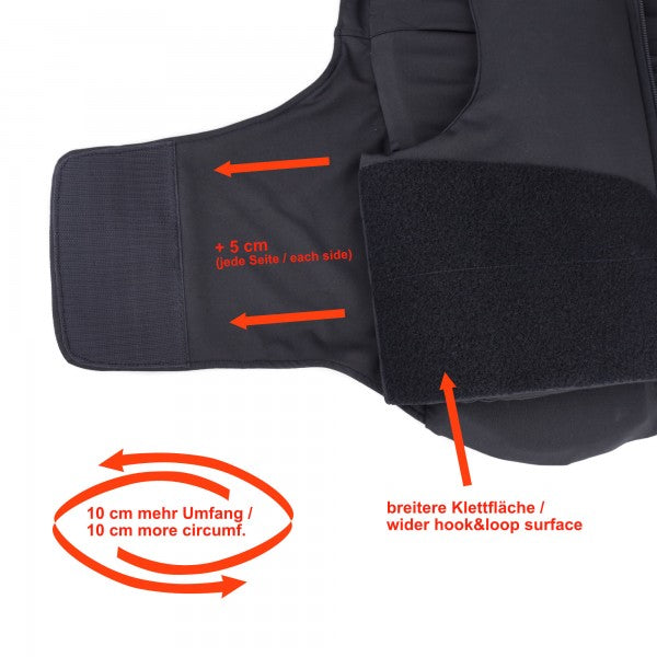 Rückenschutz "Precto Dynamic Fit " Happy Size, bewährter Rückenprotektor mit 10 cm mehr Umfang, mit zusätzlichem leichtem Frontpolster, Klett- und Reißverschluss