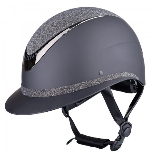 Reithelm "Comfort Sparkle", matte ABS-Außenschale mit grauem Glitzer und Chrom-Detail, stufenlos verstellbar, EN1384:2023